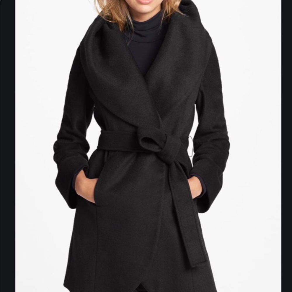 Tahari Marla Belted Wrap Coat - Black Wool